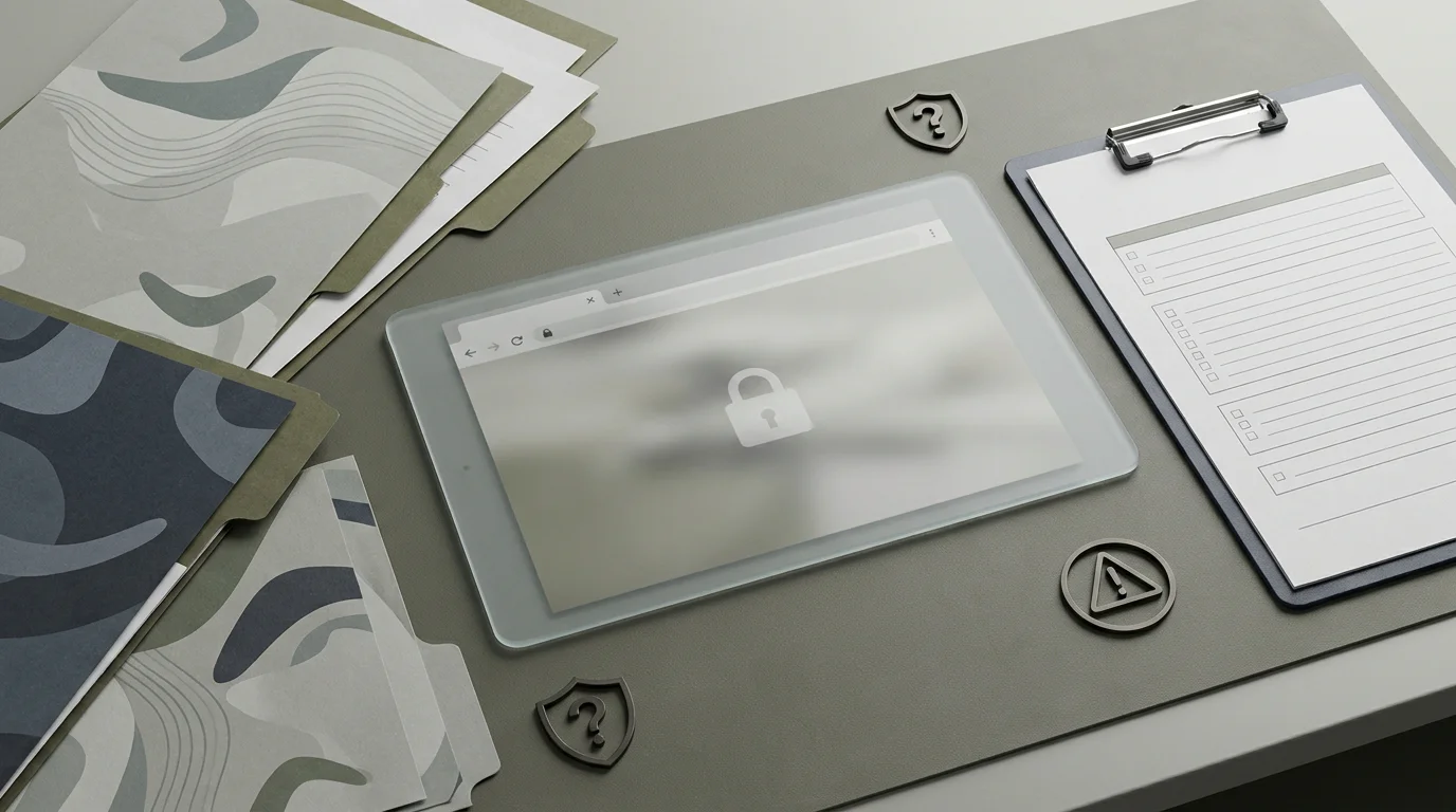 Editorial illustration of a checklist, warning symbols and evidence documents used to assess online casino trust