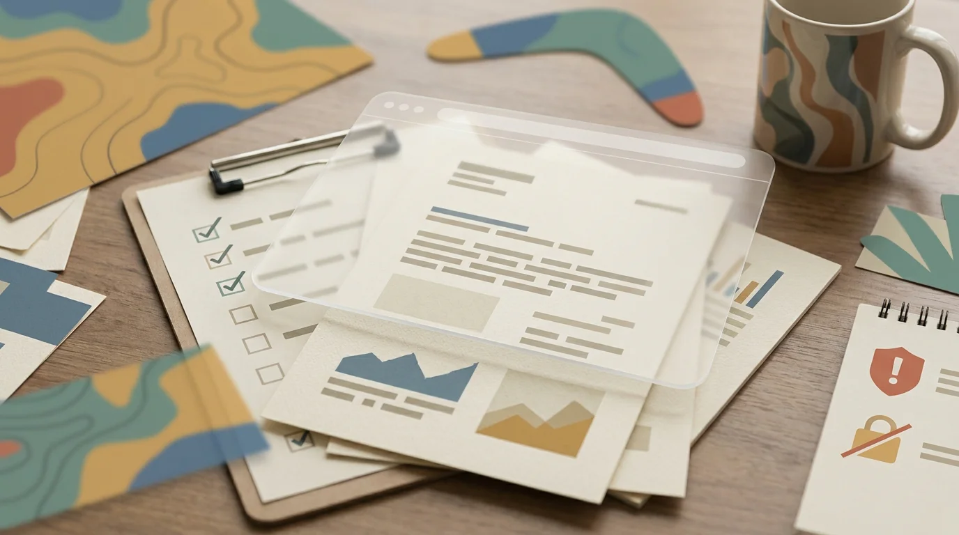 Editorial illustration of Australian regulatory documents, a web browser and a blocked-access symbol